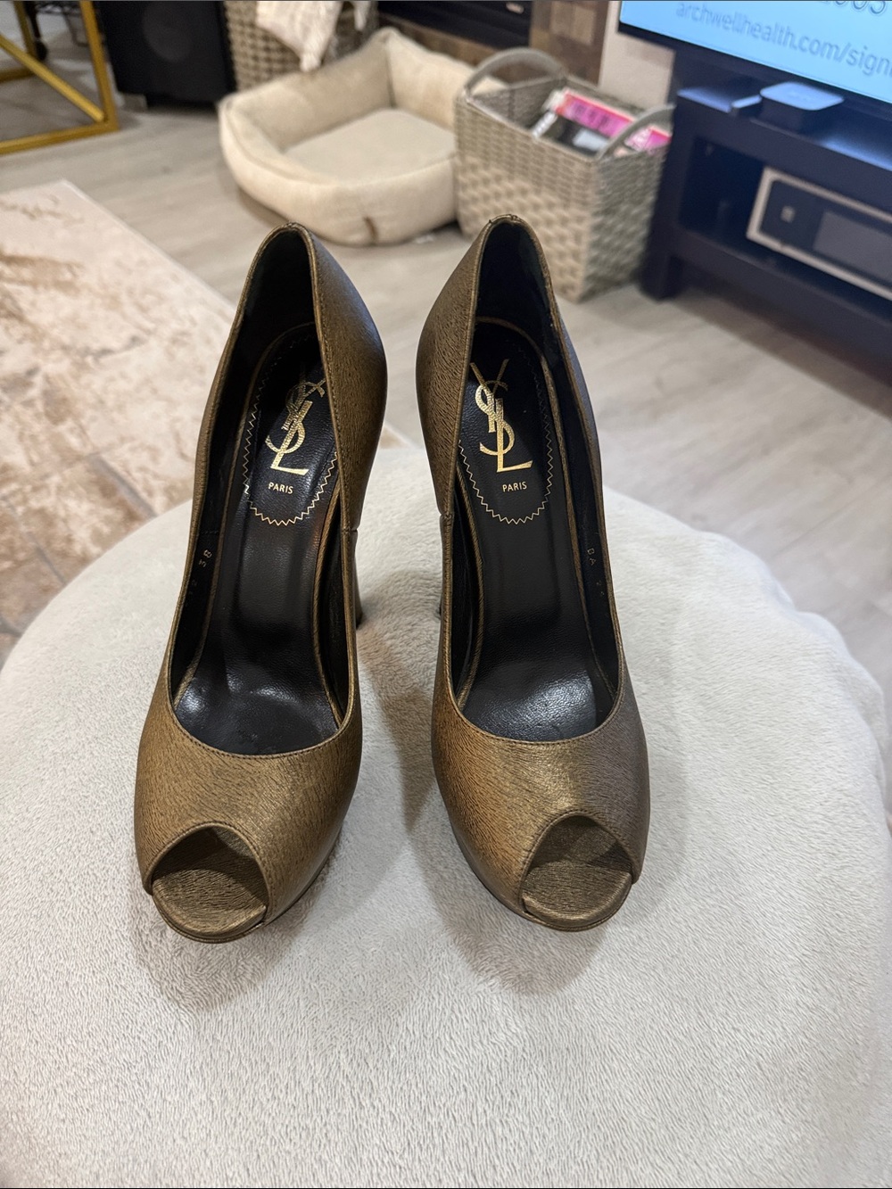 Saint Laurent Bronze Metallic Peep-Toe 5 inc heel with 1 inc platform-front part